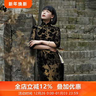 金丝绣月三重门春夏织金桑蚕丝真丝绒民国风旗袍高端大气上档次女