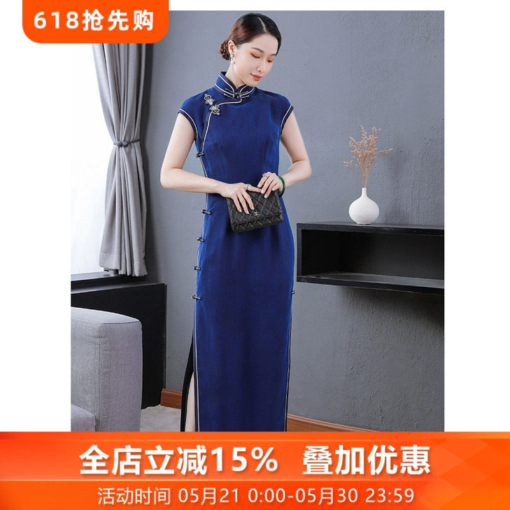 依依* 三重门复古龟纹香云纱中式修身旗袍日常无袖简约长款中国风
