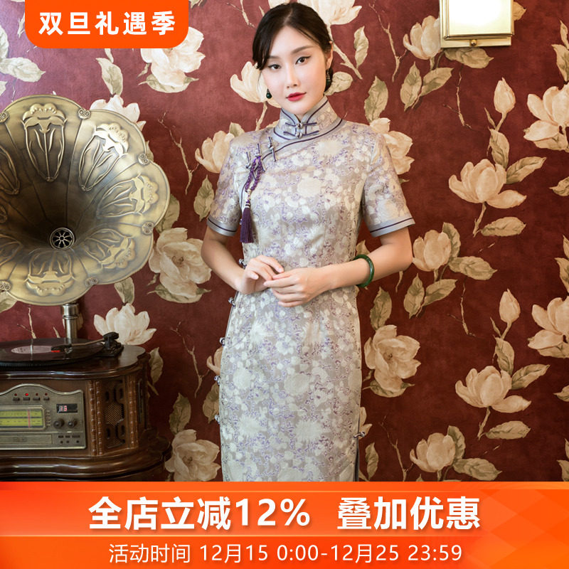 三重门紫气东来复古中国真丝旗袍