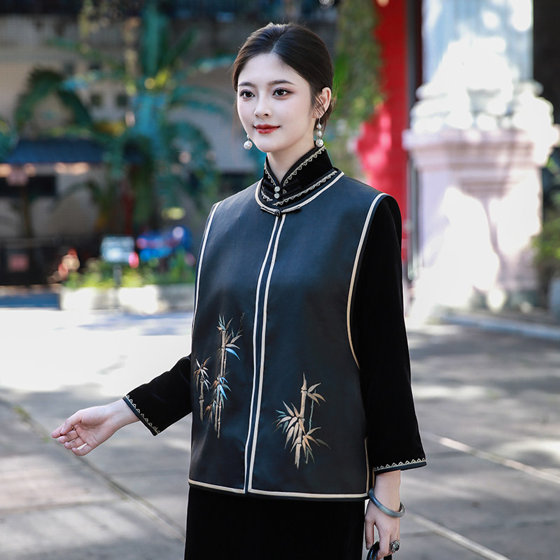 节节高升三重门新款复古香云纱刺绣中式马甲百搭日常高级民国风女