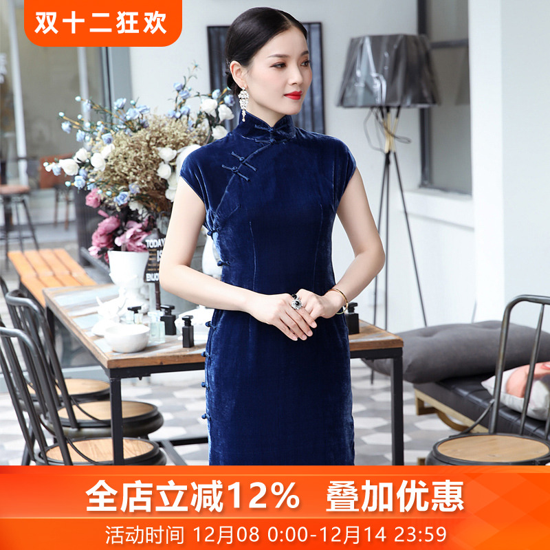 三重门复古日常长款盘扣旗袍修身