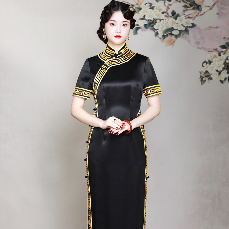 三重门复古日常长款修身旗袍中式
