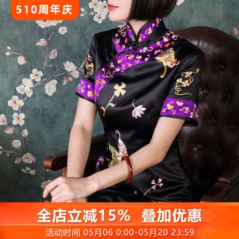 三重门{大家闺秀}30姆米重缎真丝手工盘金苏绣收藏级京派旗袍礼服