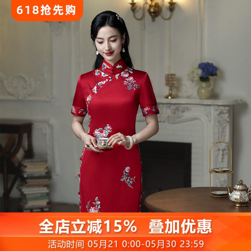 刺绣复古中国风桑蚕丝真丝旗袍