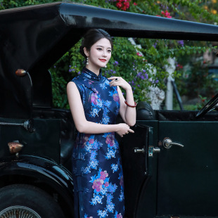 胭脂醉蓝三重门非遗真丝宋锦绝美旗袍新中式 高端大气妈妈婚宴礼服