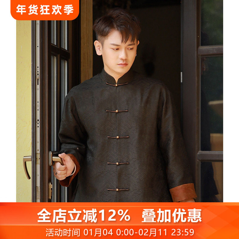 望舒三重门新款原创提花真丝男士唐装盘扣外套高档中国风国潮黑色,男装,唐装,淘宝优惠券,粉丝福利购,淘宝优惠卷