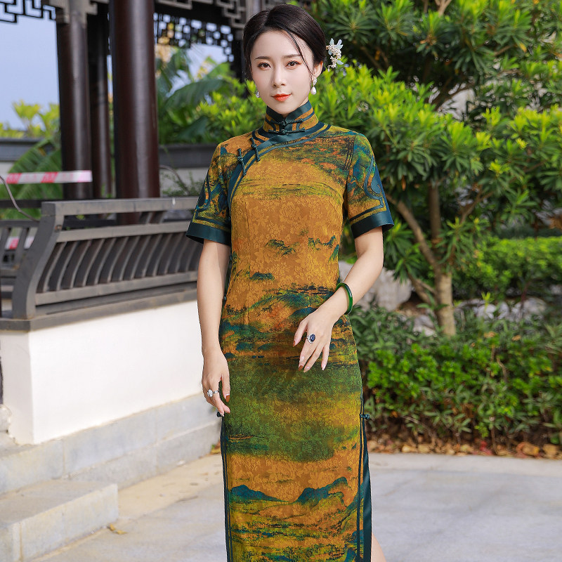 画江山* 三重门40姆米绢纺香云纱中式修身旗袍日常长款复古中国风 - 实物图