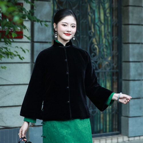 真丝丝绒中式对襟外套百搭夹棉