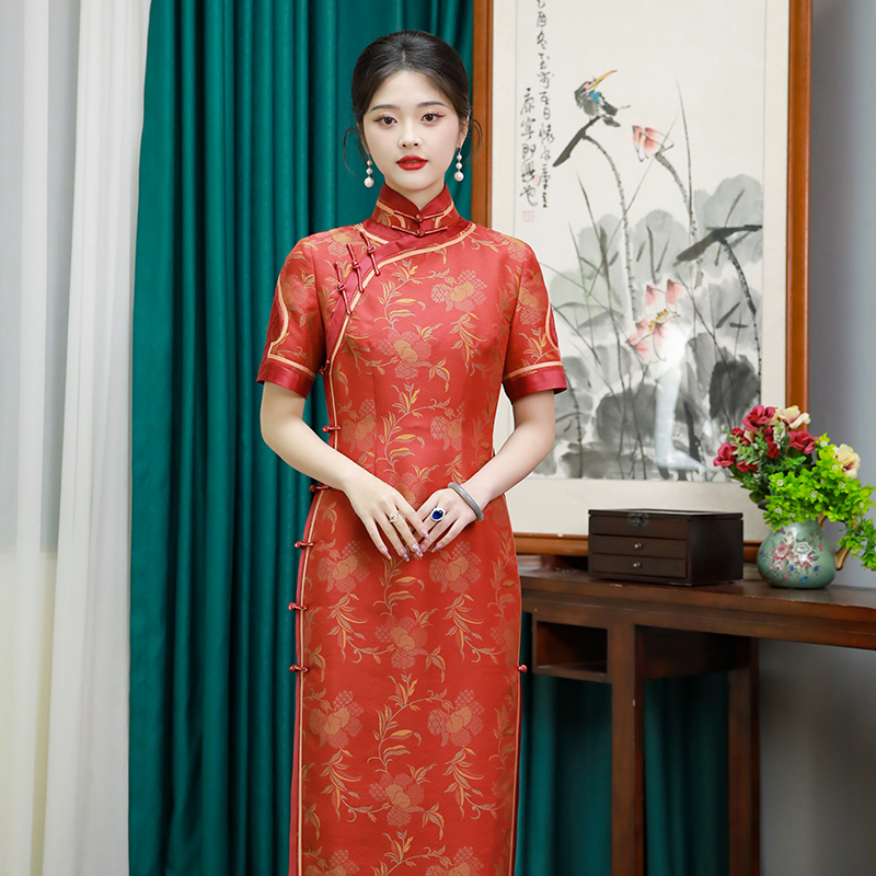 三重门复古日常长款修身旗袍中式