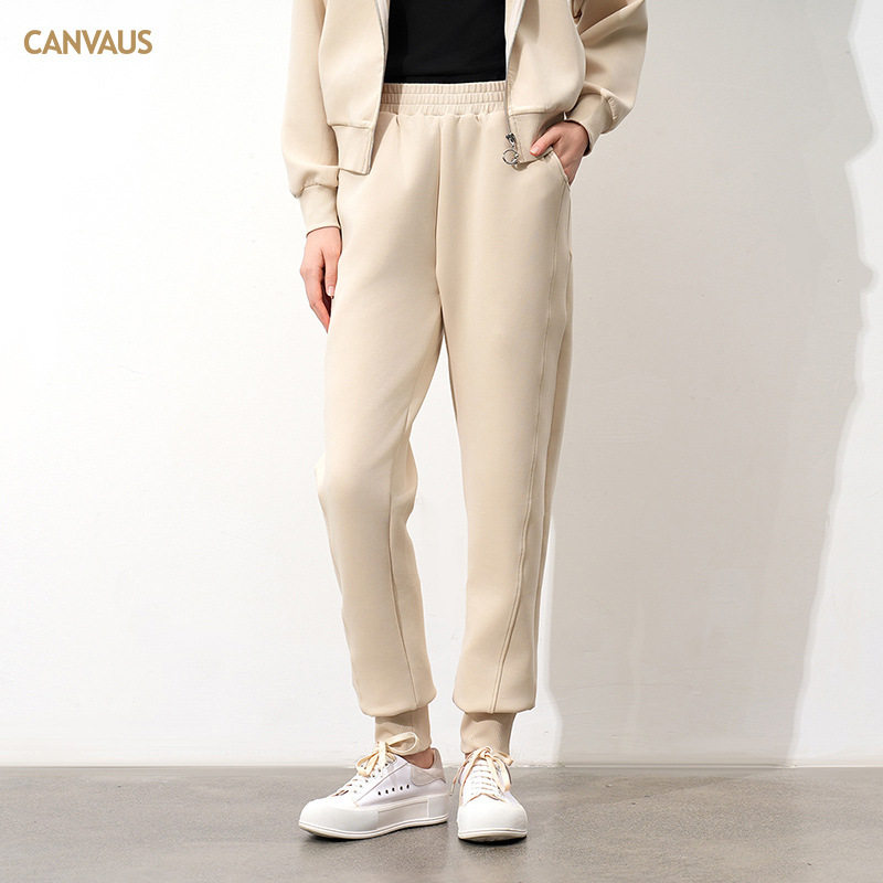 CANVAUS女装新款中腰棉质休闲卫裤女24冬季松紧腰显瘦简约束脚裤