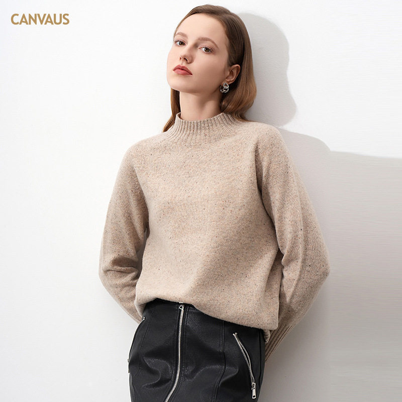 CANVAUS秋冬半高领绵羊毛针织衫女无缝一体长袖宽松软糯百搭毛衣