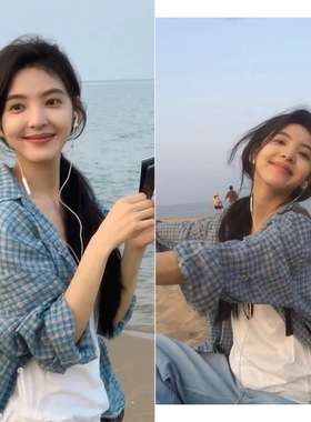 章若楠同款~韩国东大门设计师24早秋复古蓝色格子宽松衬衫上衣女