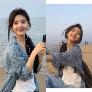 章若楠同款~韩国东大门设计师24早秋复古蓝色格子宽松衬衫上衣女