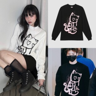 韩国罗渽民钟辰乐同款ITZAVIBE搞怪猫咪印花长袖打底T恤男女卫衣