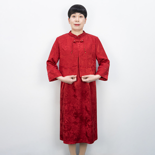 妈妈春装两件套裙子外套连衣裙宴会洋气2026新款中年女装裙子红色