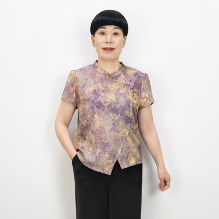 新中式妈妈夏装套装仿真丝短袖2026上衣中年旗袍小衫直筒裤两件套