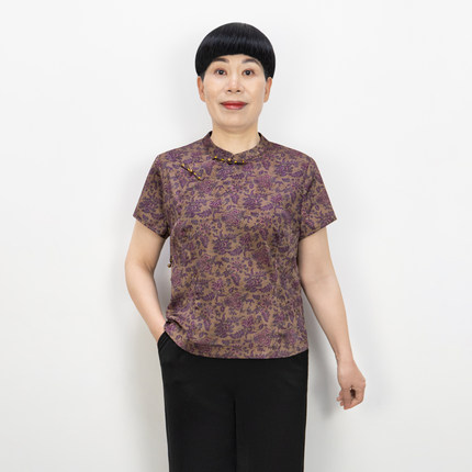 【现货】云锦纱妈妈夏装套装改良旗袍领短袖上衣中老年显瘦两件套