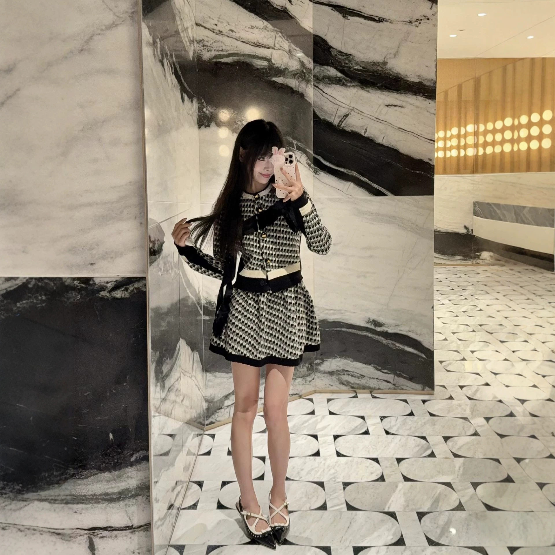 小香风千鸟格针织开衫套装女短款毛衣外套+高腰短裙两件套秋冬新