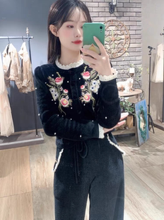 玛家同款2025秋季新款复古宫廷风雪尼尔重工刺绣撞色针织衫上衣女