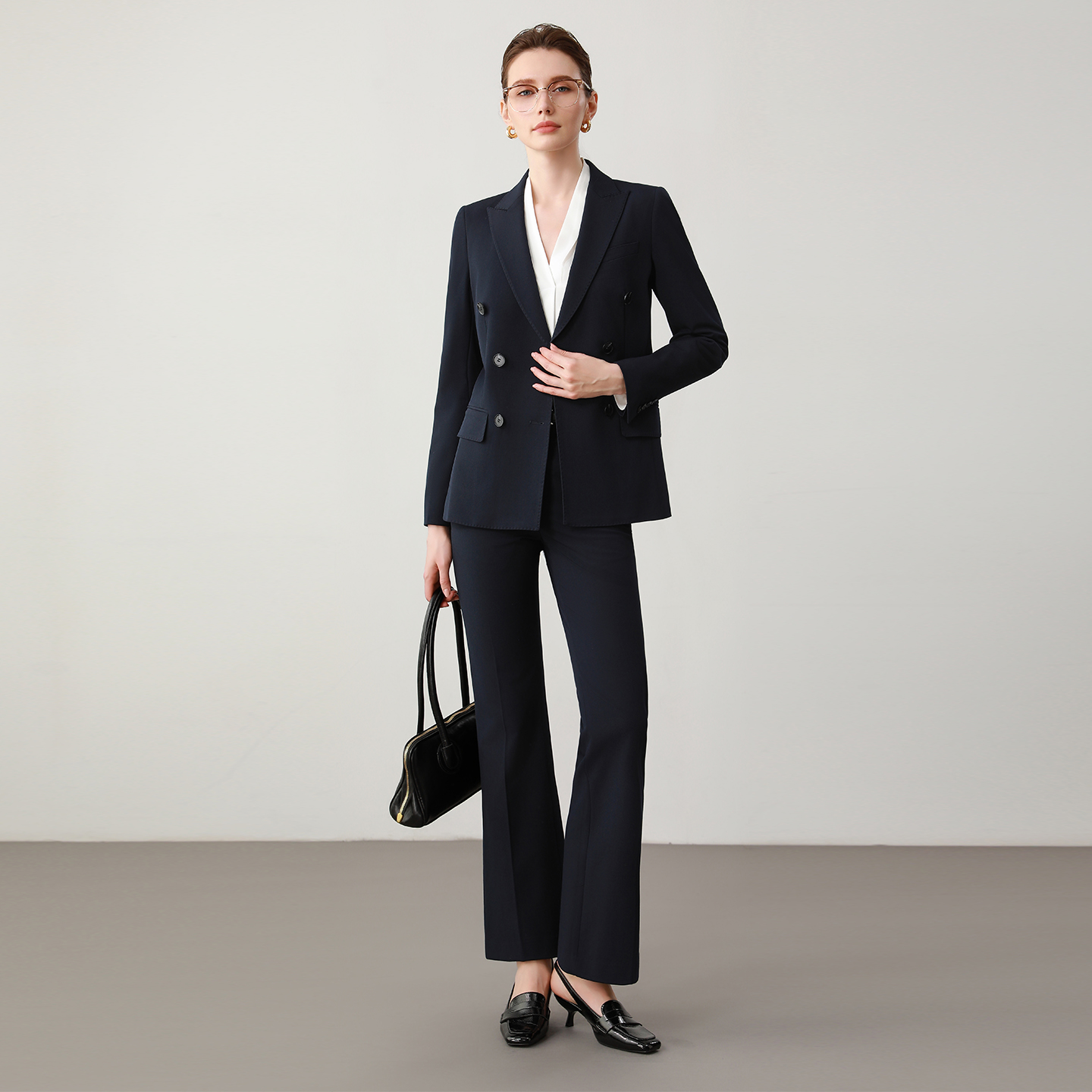 藏青色双排扣收腰西装套装女面试