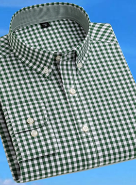 春秋季全棉扣领长袖衬衫男青年浅绿色小格子英伦免烫纯棉薄款衬衣
