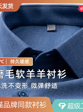 灰蓝色磨毛格绵羊毛长袖衬衫男款商务休闲加厚中老年爸爸装衬衣男