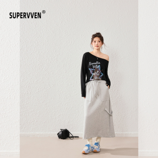 大口袋半身长裙 祖席离歌工装 超级文 一春鱼雁甜酷手绘印花斜肩T