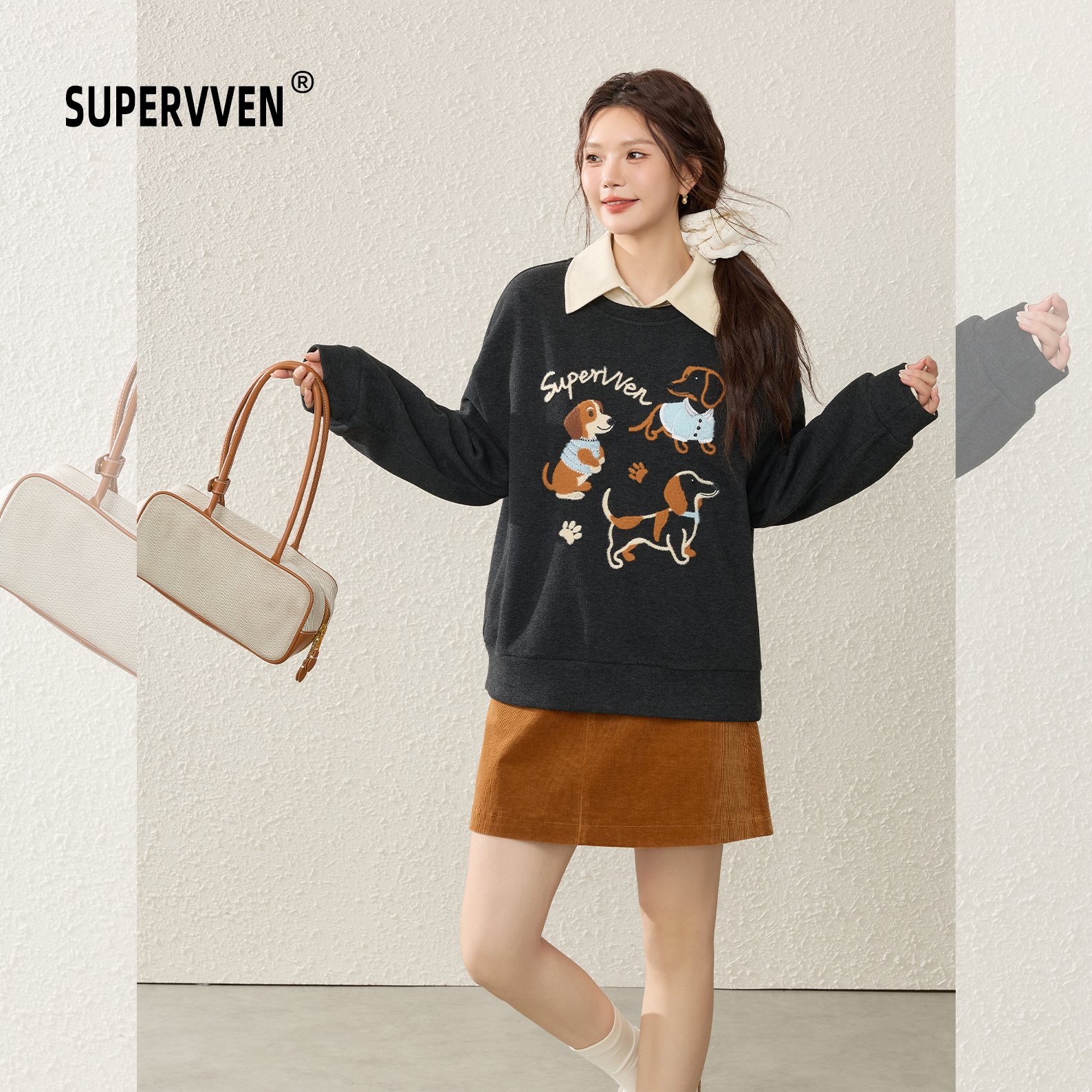 超级文 翠瓦朱檐趣味狗狗绣花套头卫衣/小艳疏香灯芯绒A字半身裙