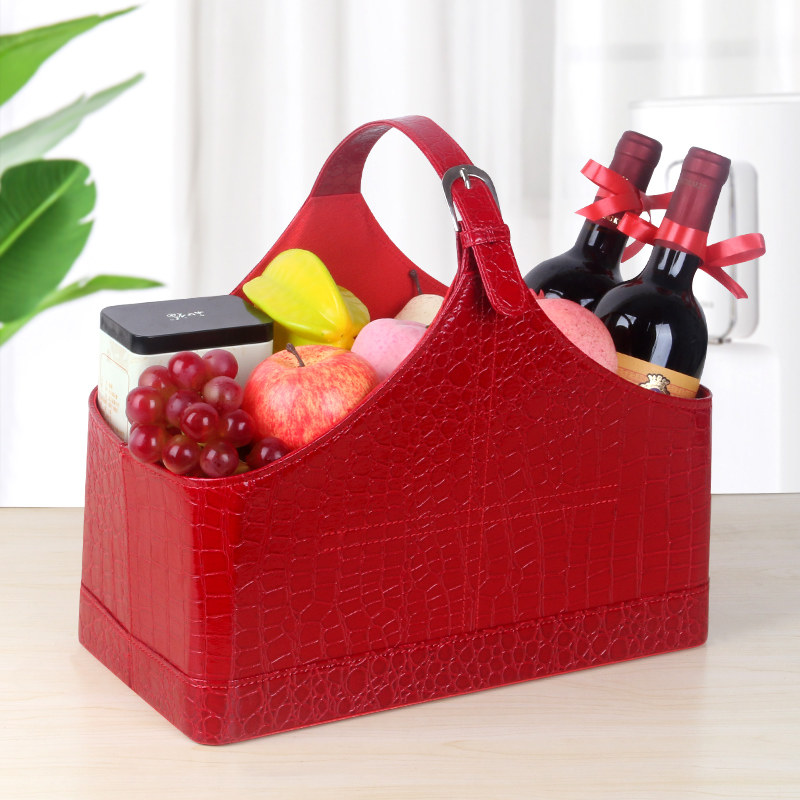 红色皮质礼品篮水果红酒手提篮圣诞春节婚庆节日收纳篮子定制logo