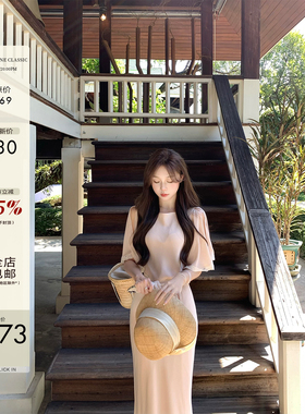 许许然Madeleine【春缇玫瑰】春季度假雪纺长款短袖粉色连衣裙