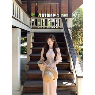 短袖 许许然Madeleine 度假雪纺长款 春季 粉色连衣裙 春缇玫瑰