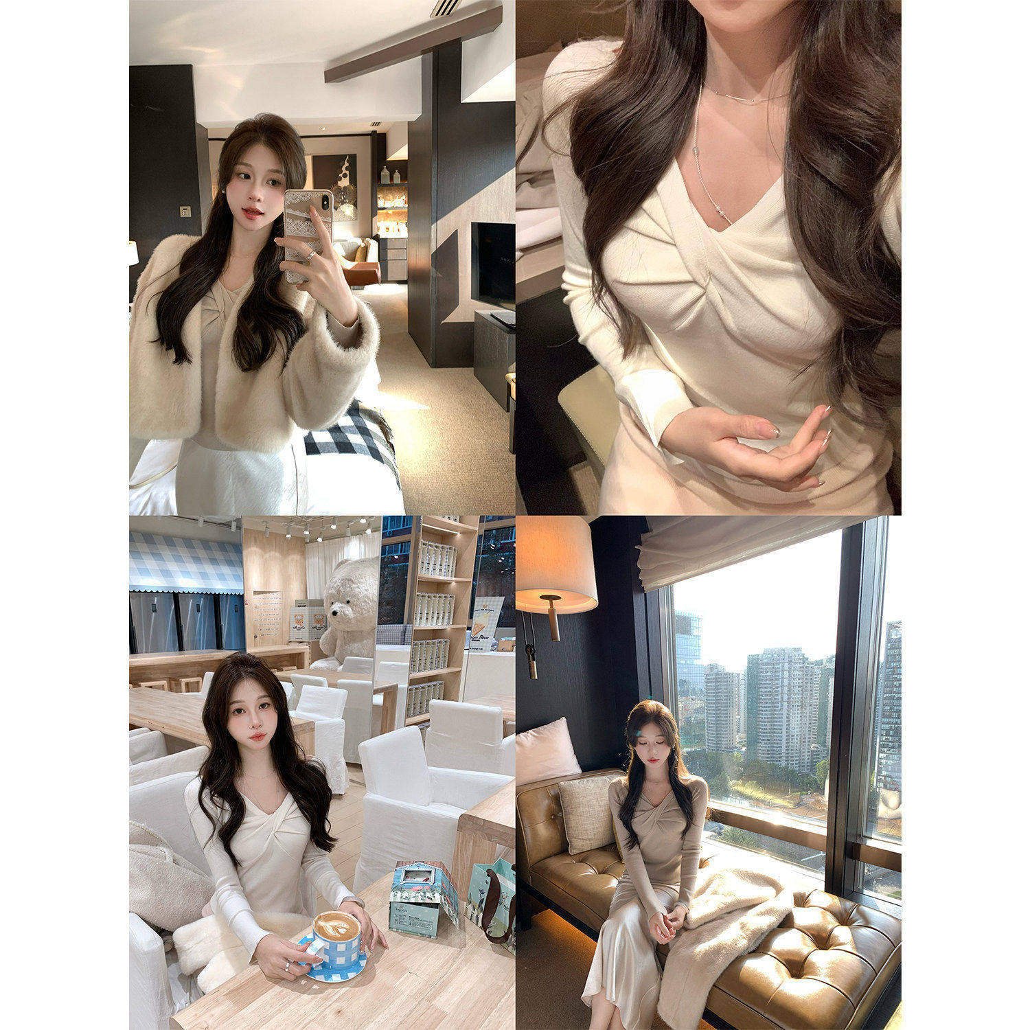 许许然Madeleine【白巧泡芙】早春羊毛v领扭结修身针织衫上衣女