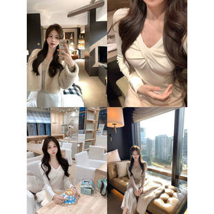 许许然Madeleine【白巧泡芙】早春羊毛v领扭结修身针织衫上衣女