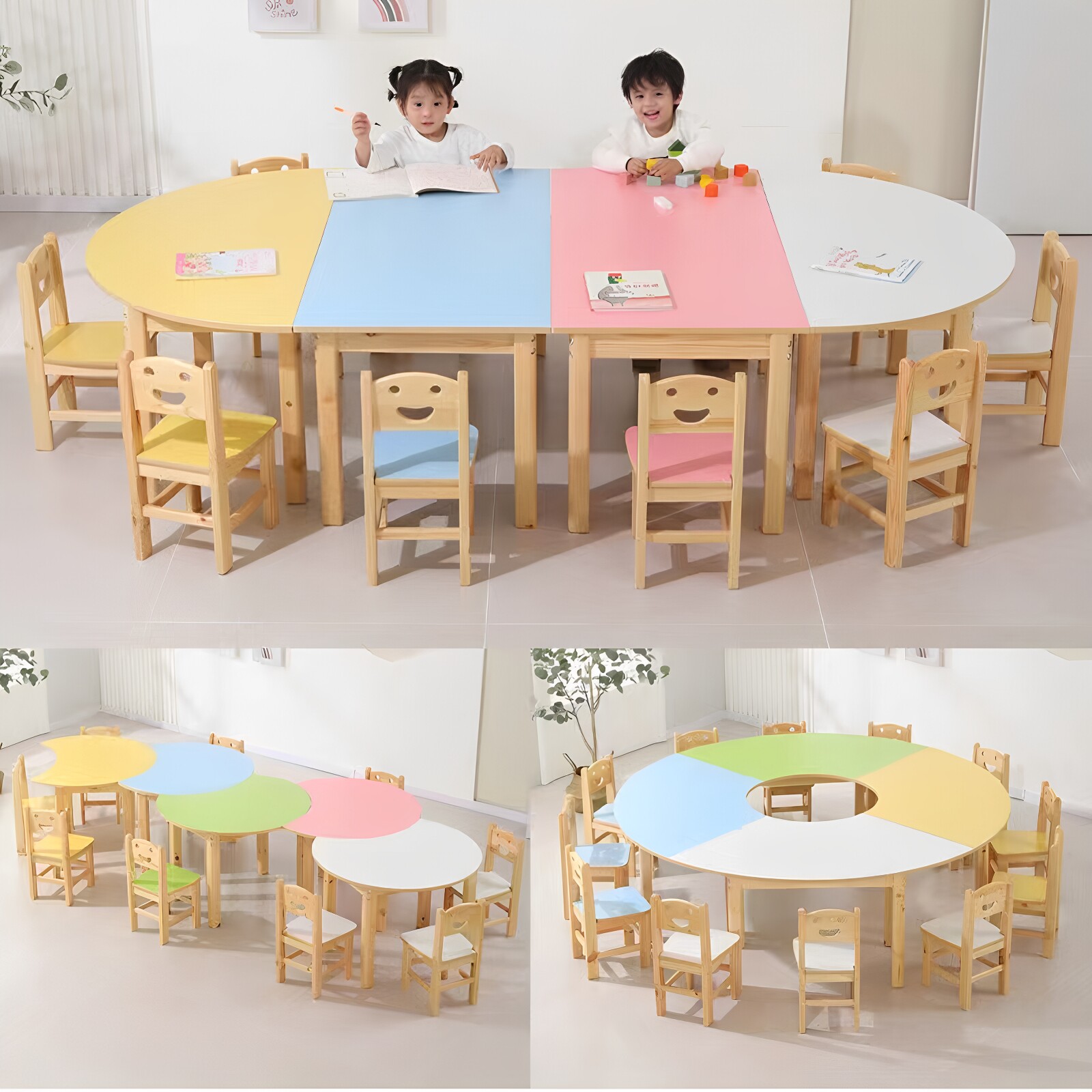 幼儿园儿童早教中心绘画桌多人组合桌培训班课桌彩色实木学习桌椅