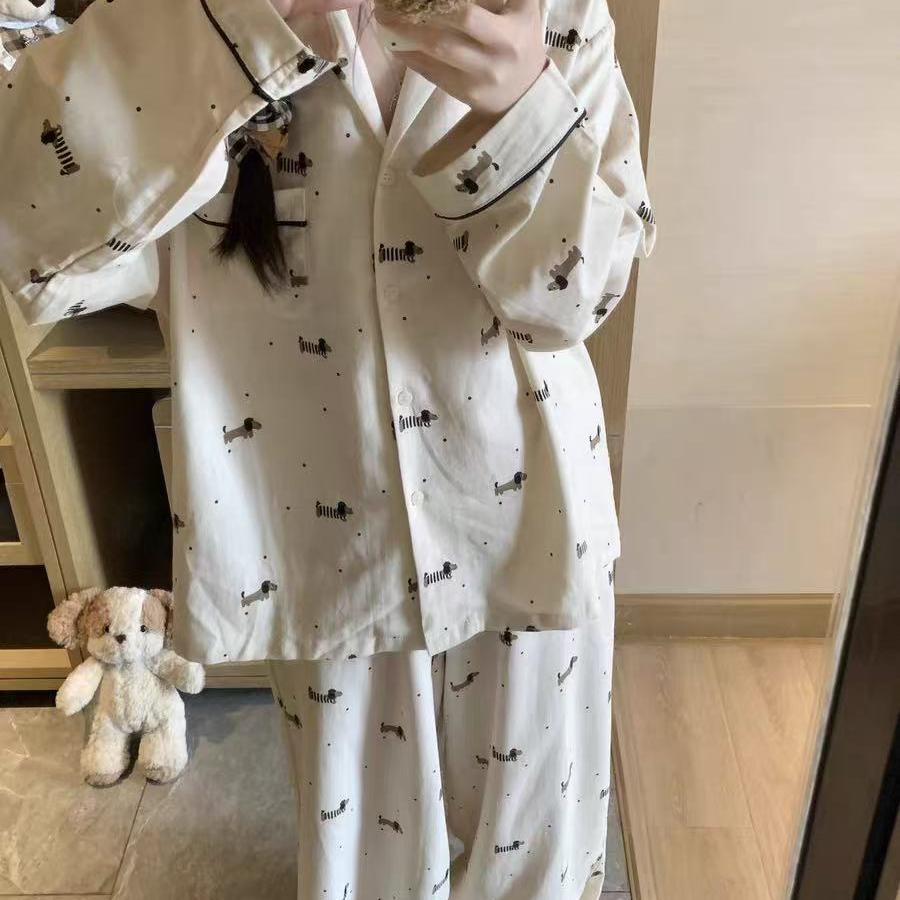 网红卡通腊肠狗ins睡衣女春秋季新款休闲宽松少女长袖家居服套装
