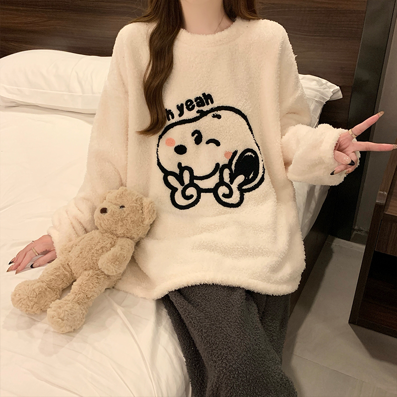 珊瑚绒睡衣女秋冬季加厚加绒法兰绒保暖少女家居服冬天可外穿