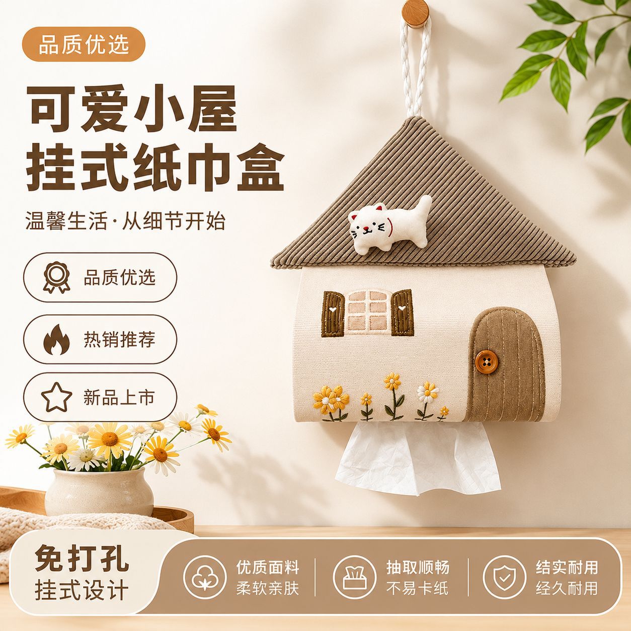 可爱小屋免打孔壁挂纸巾收纳盒