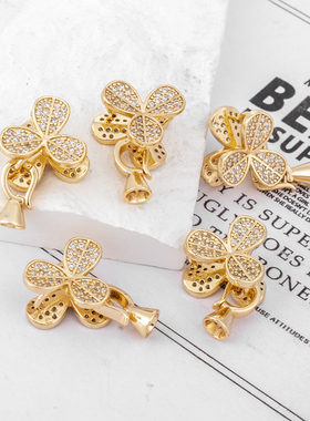 14K保色镶嵌锆石三叶花项链手链15mm单扣头链接扣花形diy饰品配件