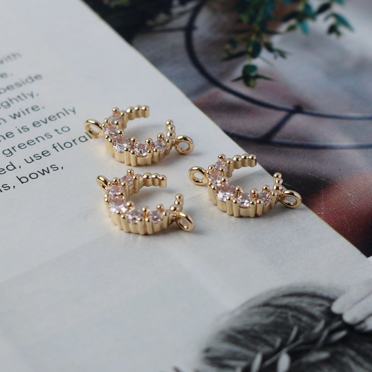 14K包金配件保色镶嵌锆石月亮型双吊外径10mmdiy手工饰品配件