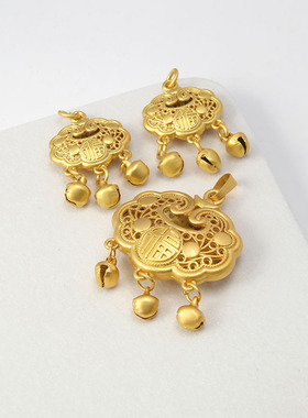 18k包金保色哑金镂空大如意福锁吊坠32*33mm项链吊饰diy饰品配件