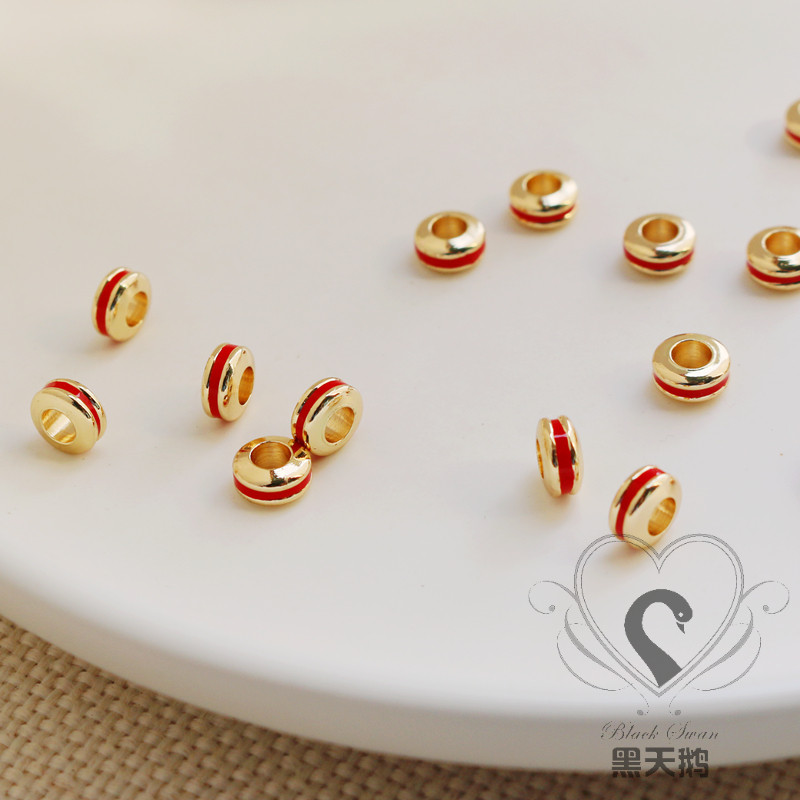 14K包金保色大孔车轮珠滴油红色3*6mm隔珠diy手链项链配饰散珠子