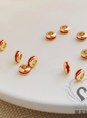 14K包金保色大孔车轮珠滴油红色3*6mm隔珠diy手链项链配饰散珠子