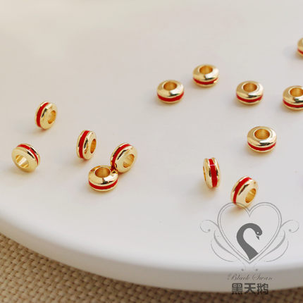 14K包金保色大孔车轮珠滴油红色3*6mm隔珠diy手链项链配饰散珠子