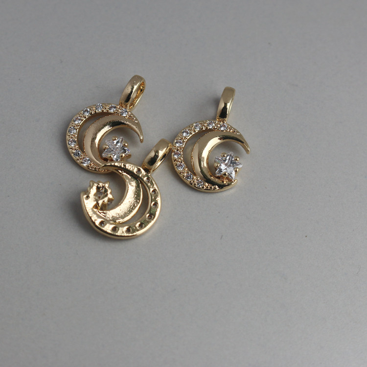 14K包金保色双轮月亮镶五角星锆石吊坠款配件配饰11MM