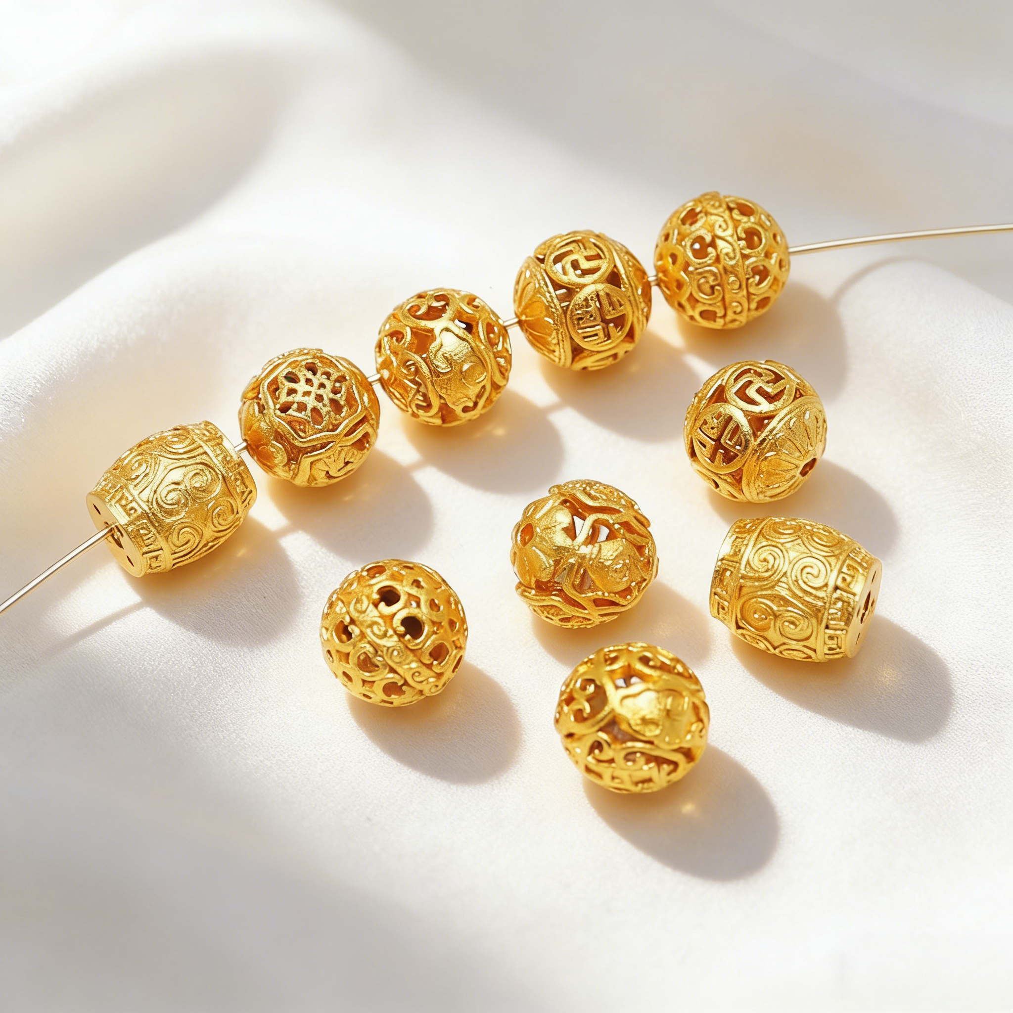 强保色古法沙金镂空花纹圆珠桶珠DIY手工串珠手链项链配件百搭珠