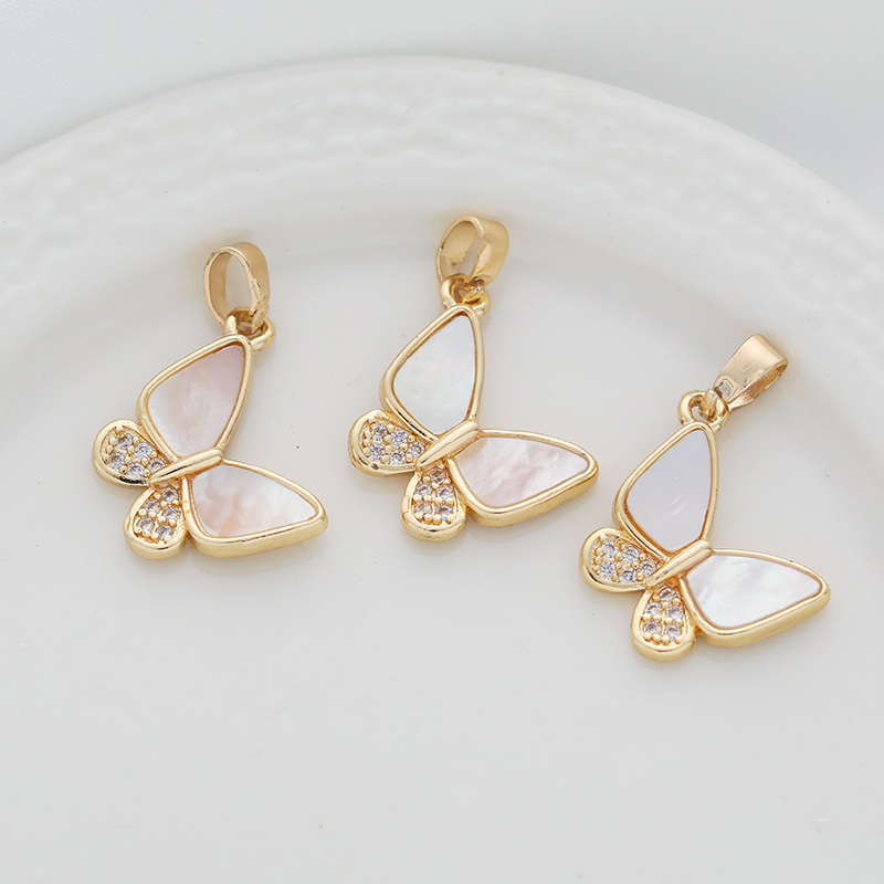 diy包金镶锆石贝壳蝴蝶项链吊坠