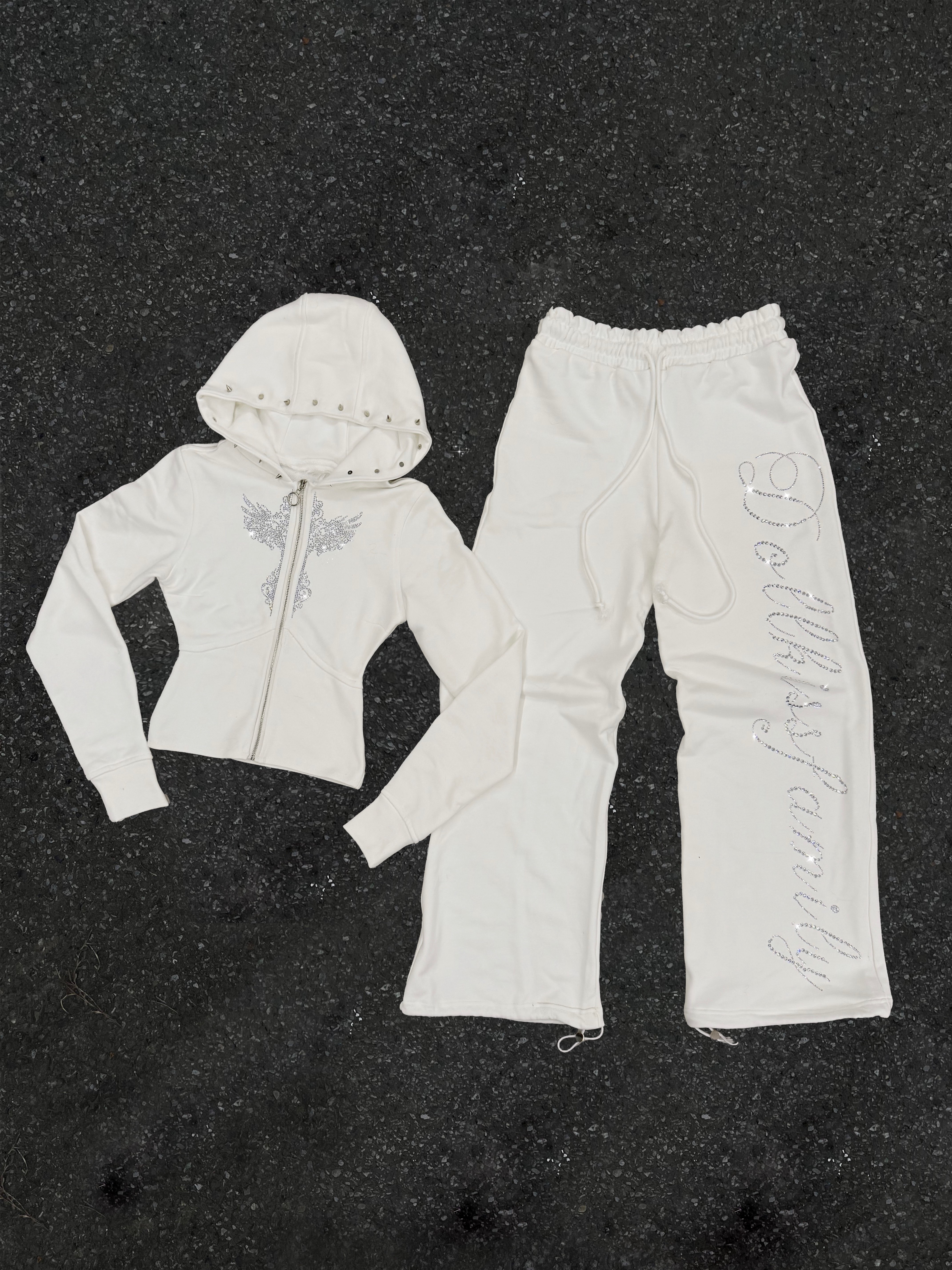 Dollkiss420g纯棉重磅白色辣妹烫钻铆钉紧身卫衣宽松卫裤套装