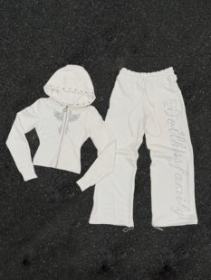 Dollkiss420g纯棉重磅白色辣妹烫钻铆钉紧身卫衣宽松卫裤 套装