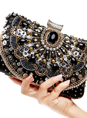 高品质黑色旗袍手包女2025新款串珠晚宴手包婚礼喜婆婆宴会手拿包