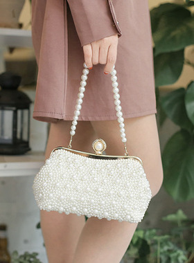 高级感白色珍珠包包旗袍搭配手包女手拿包手提斜挎喜婆婆婚宴包包